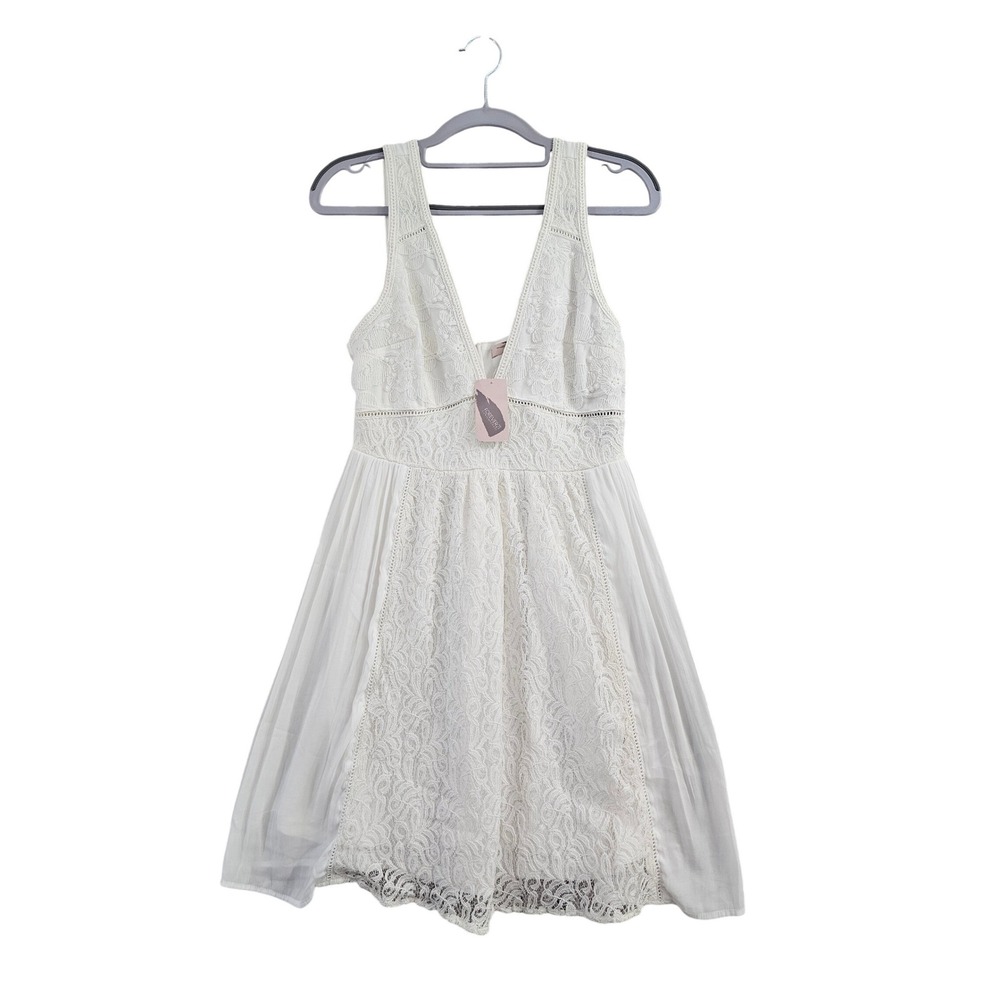 White Lace V-Neck Mini Dress Small NWT Boho Cottagecore Graduation Fairycore NEW